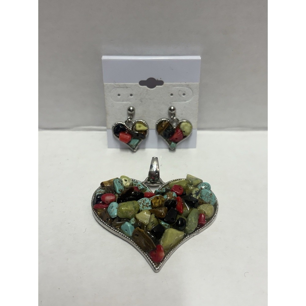 Heart Shaped Multi-Color Pendant plus earrings silver tone mosaic cluster